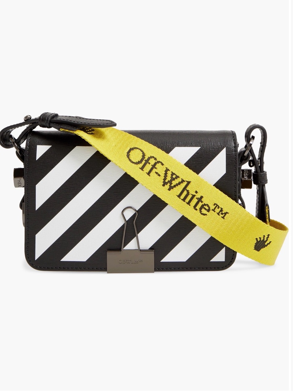Off-White Black & White Diagonal Stripe Leather Crossbody with Yellow Logo Strap